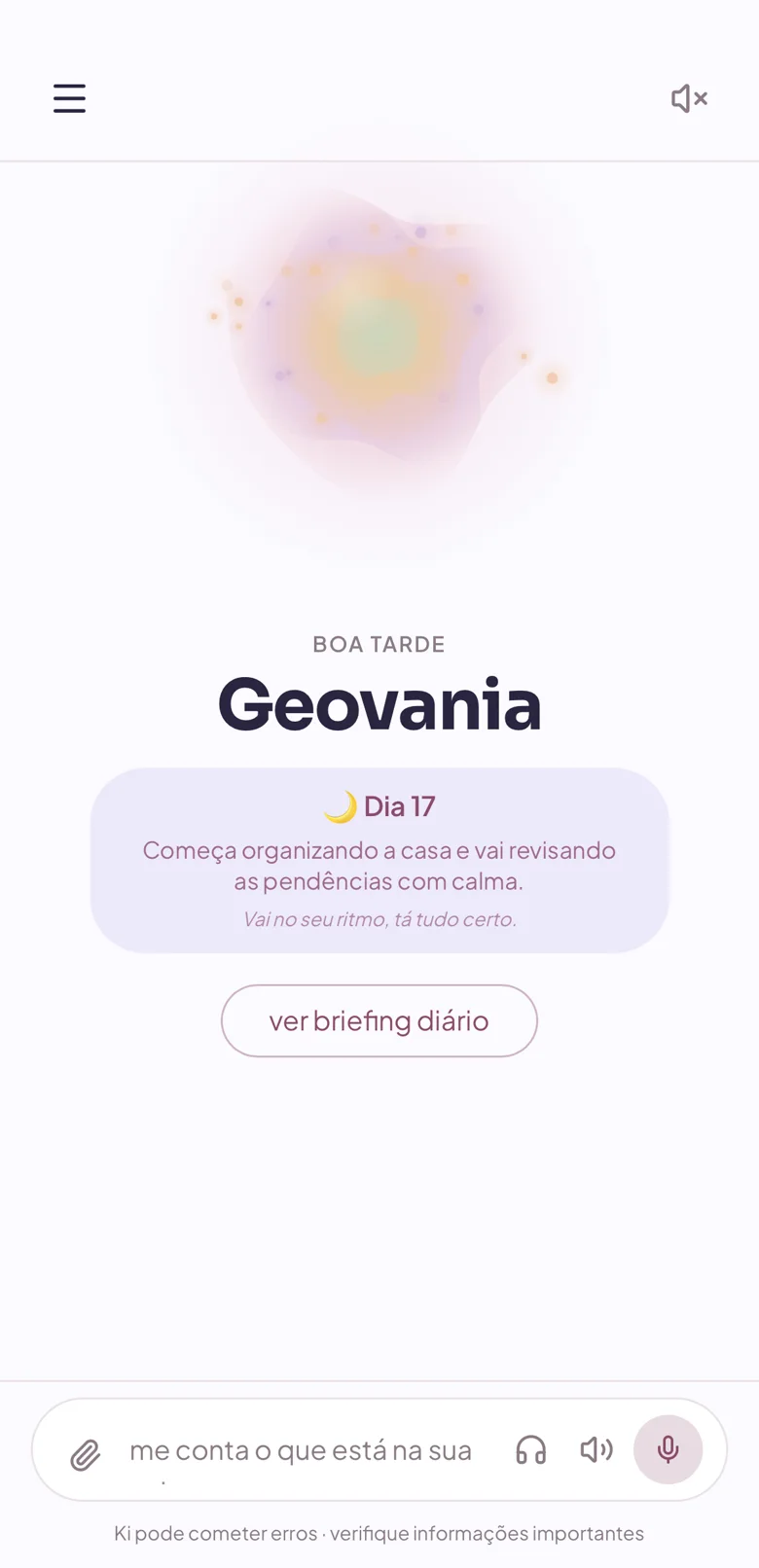Tela inicial da Kiea com a Ki e o resumo do seu dia